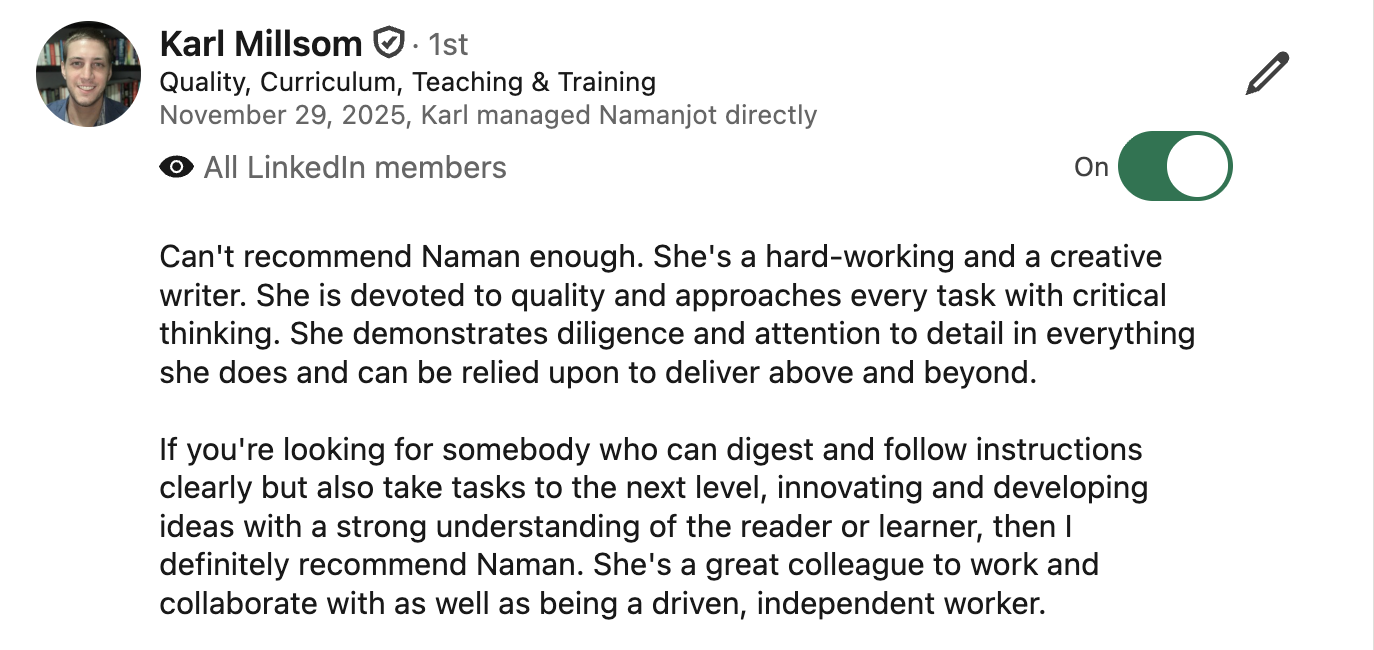 Screenshot of the LinkedIn recommendation written by Karl Millsom