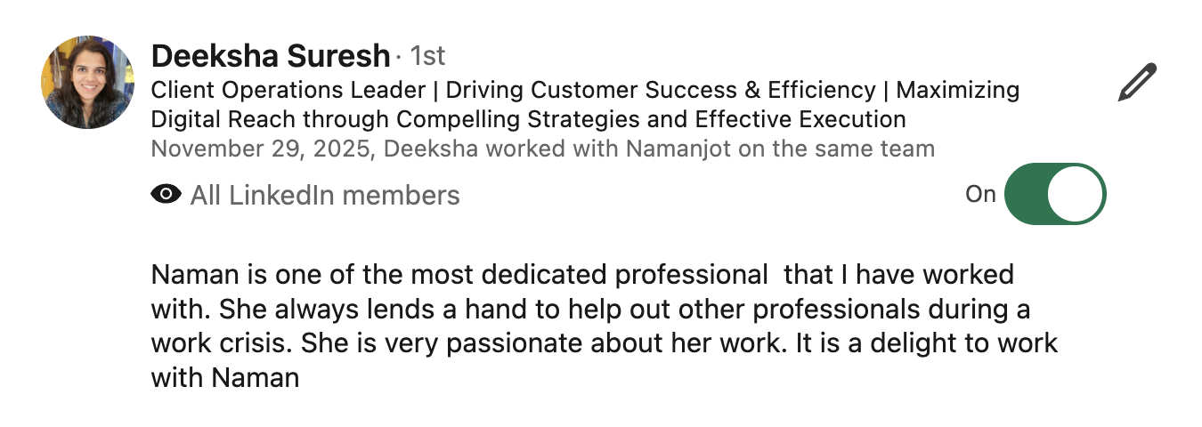 Screenshot of the LinkedIn recommendation written by Deeksha Suresh