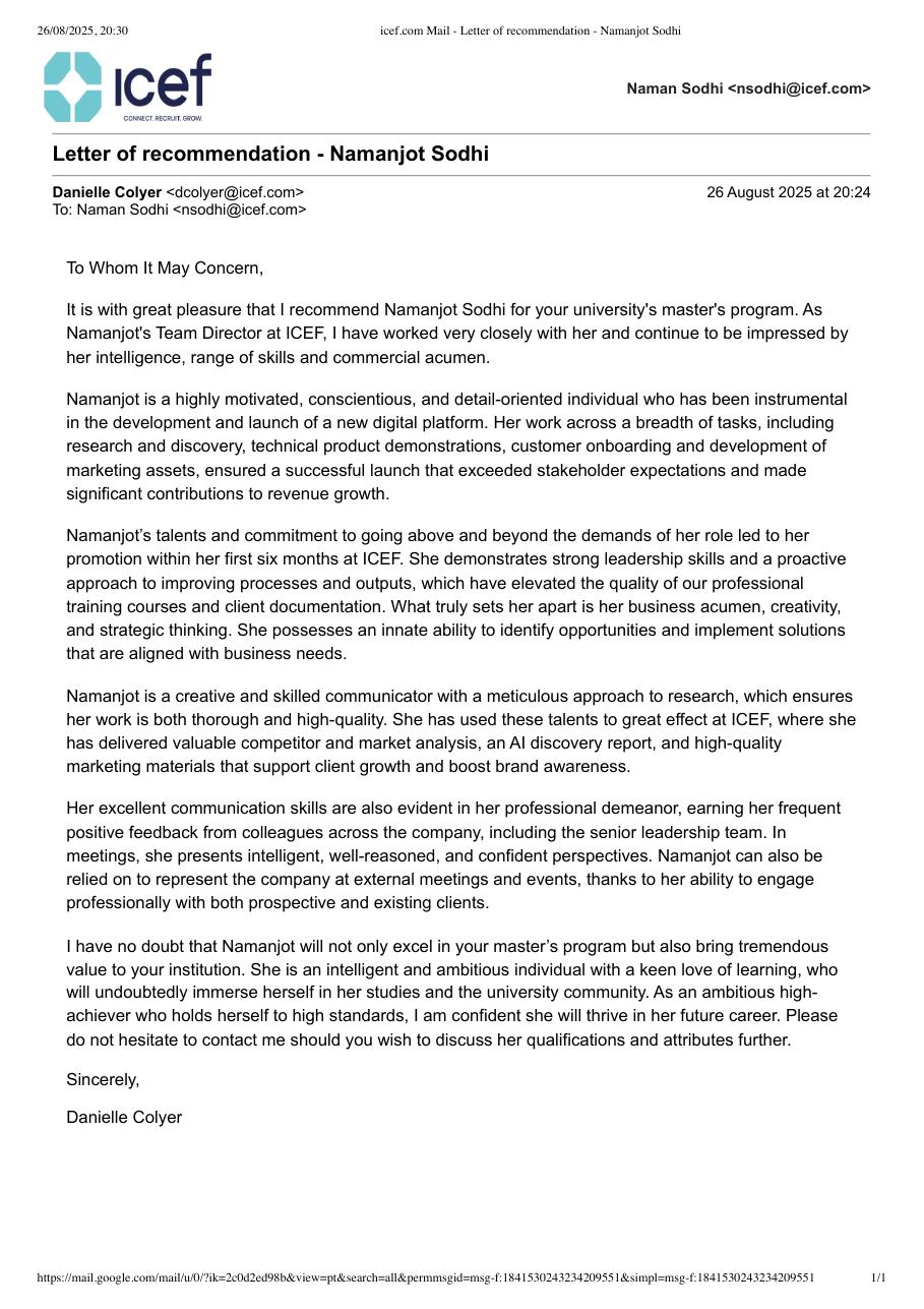 First page of the professional reference written by Danielle Colyer