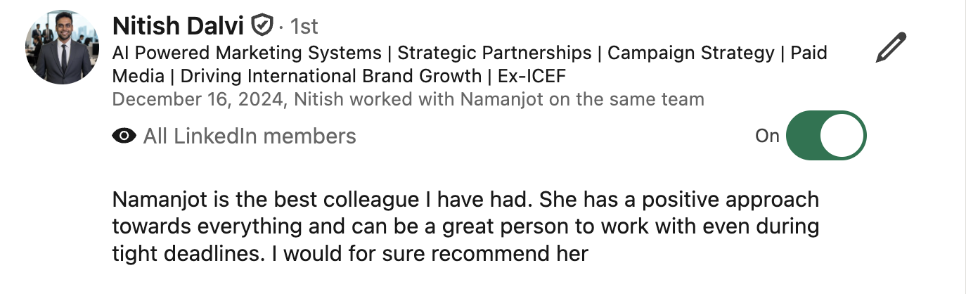Screenshot of the LinkedIn recommendation written by Nitish Dalvi
