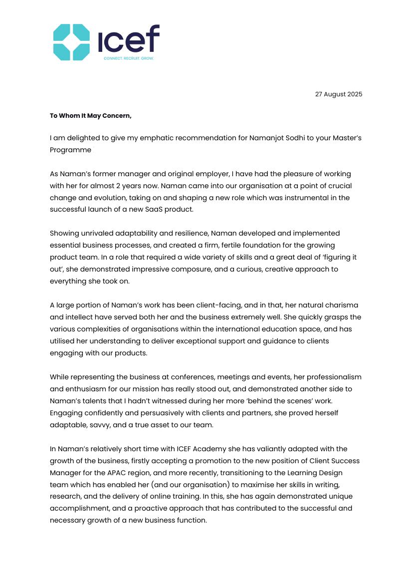 First page of the professional reference written by Stacey Crosskill
