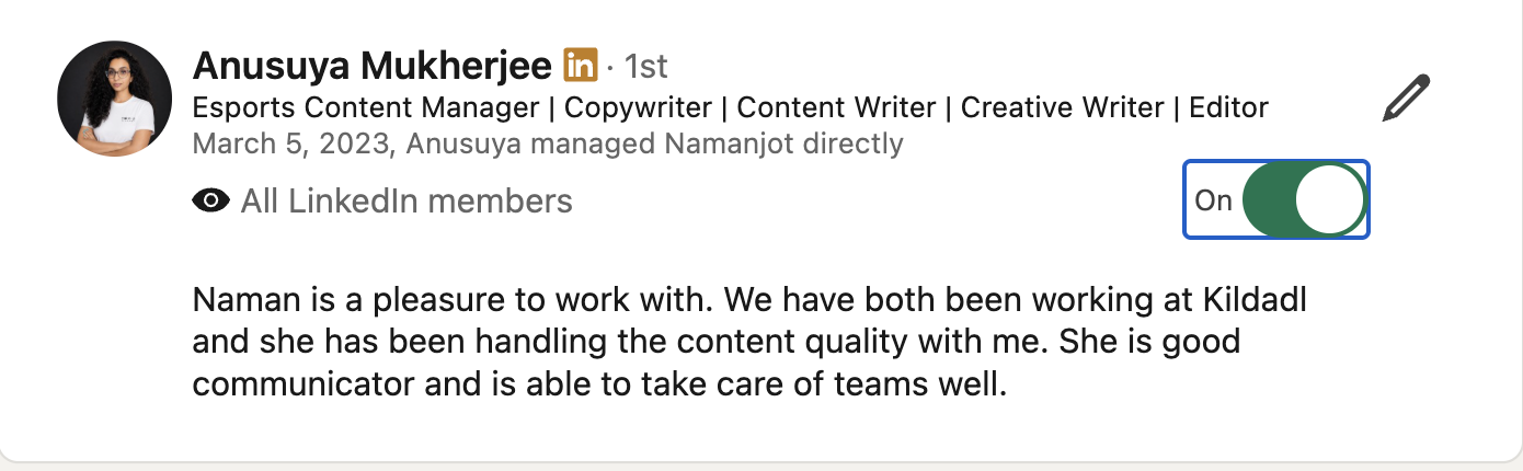 Screenshot of the LinkedIn recommendation written by Anusuya Mukherjee