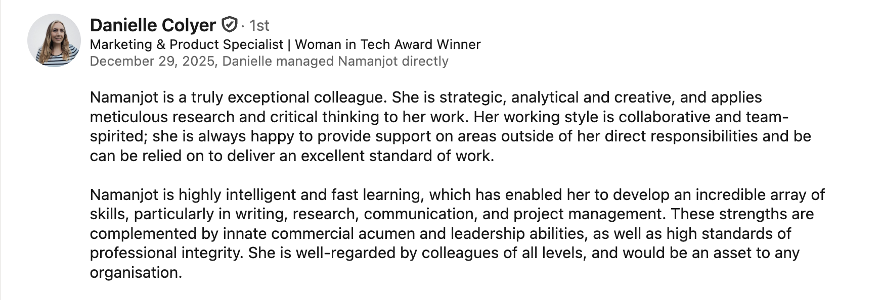 Screenshot of the LinkedIn recommendation written by Danielle Colyer